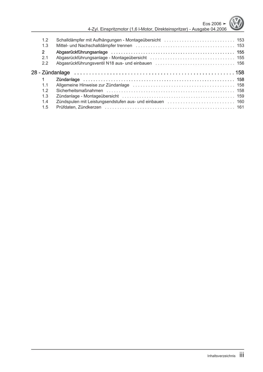 VW EOS Typ 1F 2006-2015 4-Zyl. Benzinmotor 1,6l 115 PS Reparaturanleitung