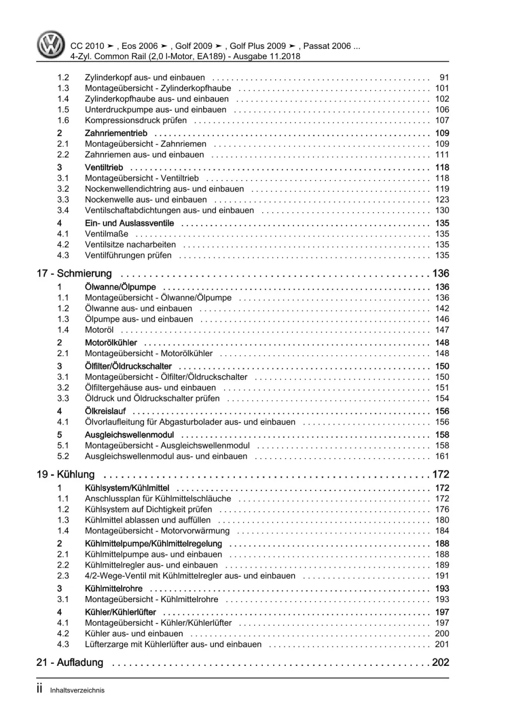 VW EOS Typ 1F 2006-2015 4-Zyl. Dieselmotor 2,0l 110-170 PS Reparaturanleitung