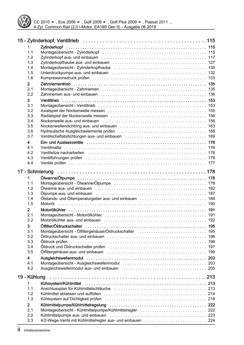 VW EOS Typ 1F 2006-2015 4-Zyl. Dieselmotor 2,0l 110-177 PS Reparaturanleitung