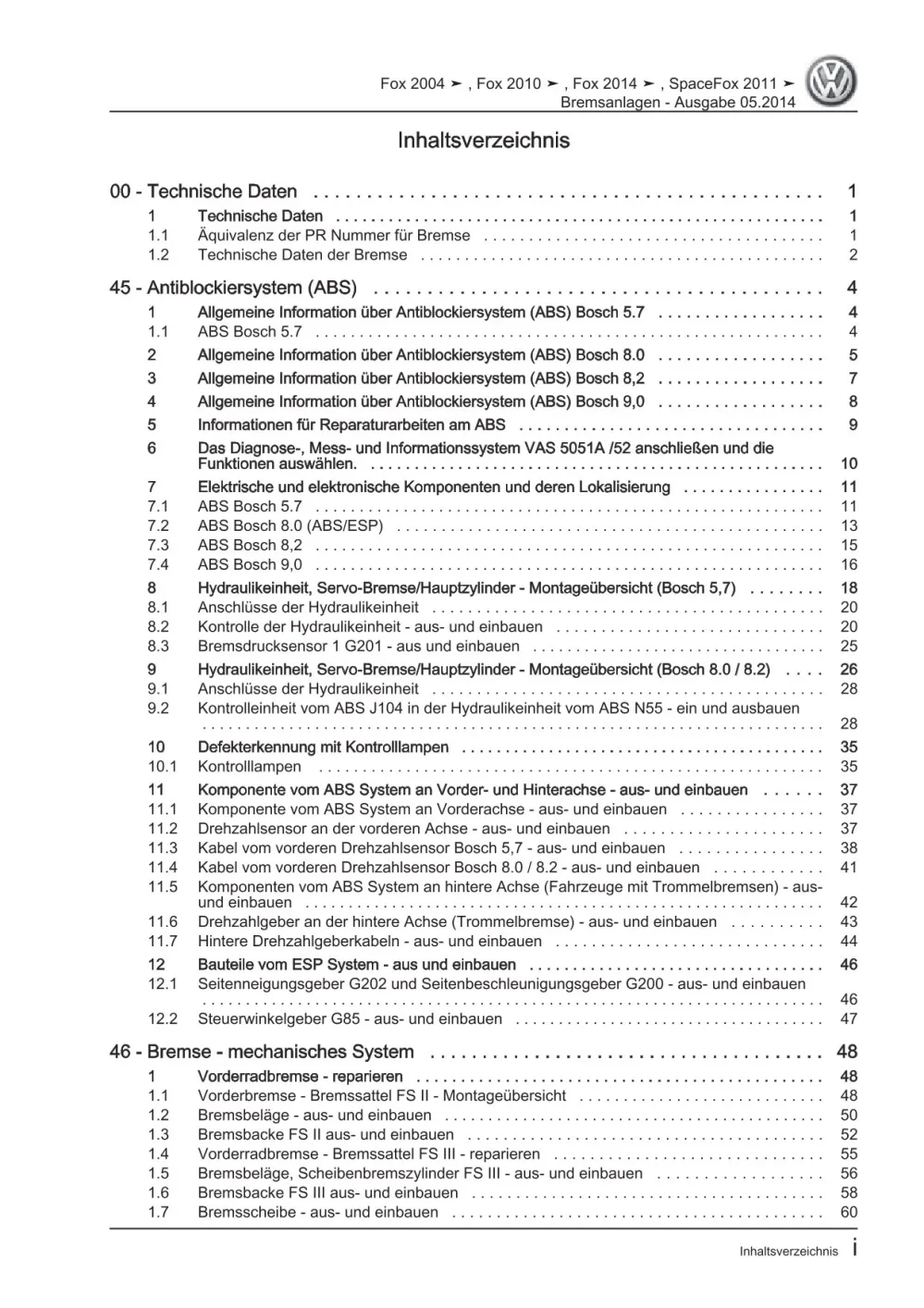 VW Fox Typ 5Z 2005-2011 Bremsanlagen Bremsen System Reparaturanleitung