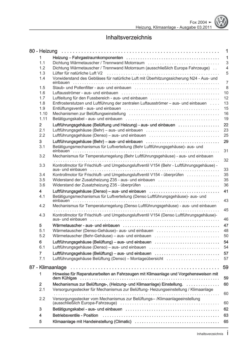 VW Fox Typ 5Z 2005-2011 Heizung Lüftung Klimaanlage Reparaturanleitung