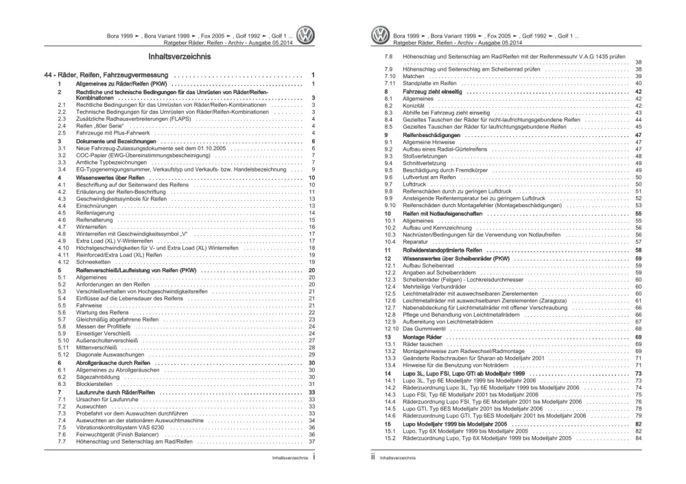 VW Fox Typ 5Z 2005-2011 Ratgeber Räder Reifen Archiv Reparaturanleitung