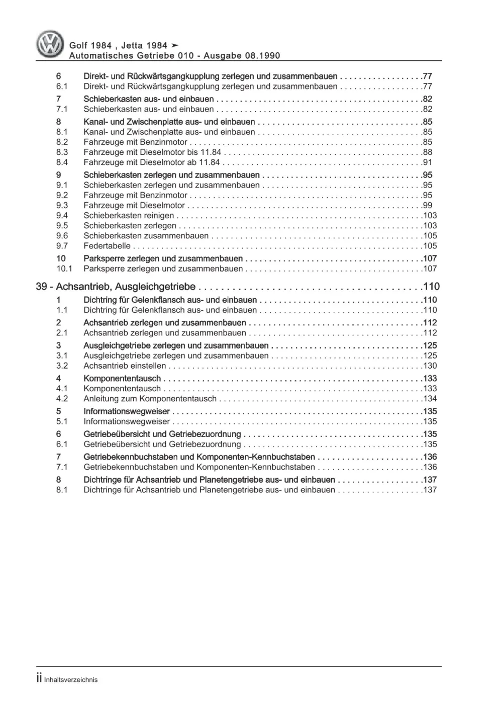 VW Golf 2 Typ 19 1983-1992 3 Gang Automatikgetriebe 010 Reparaturanleitung
