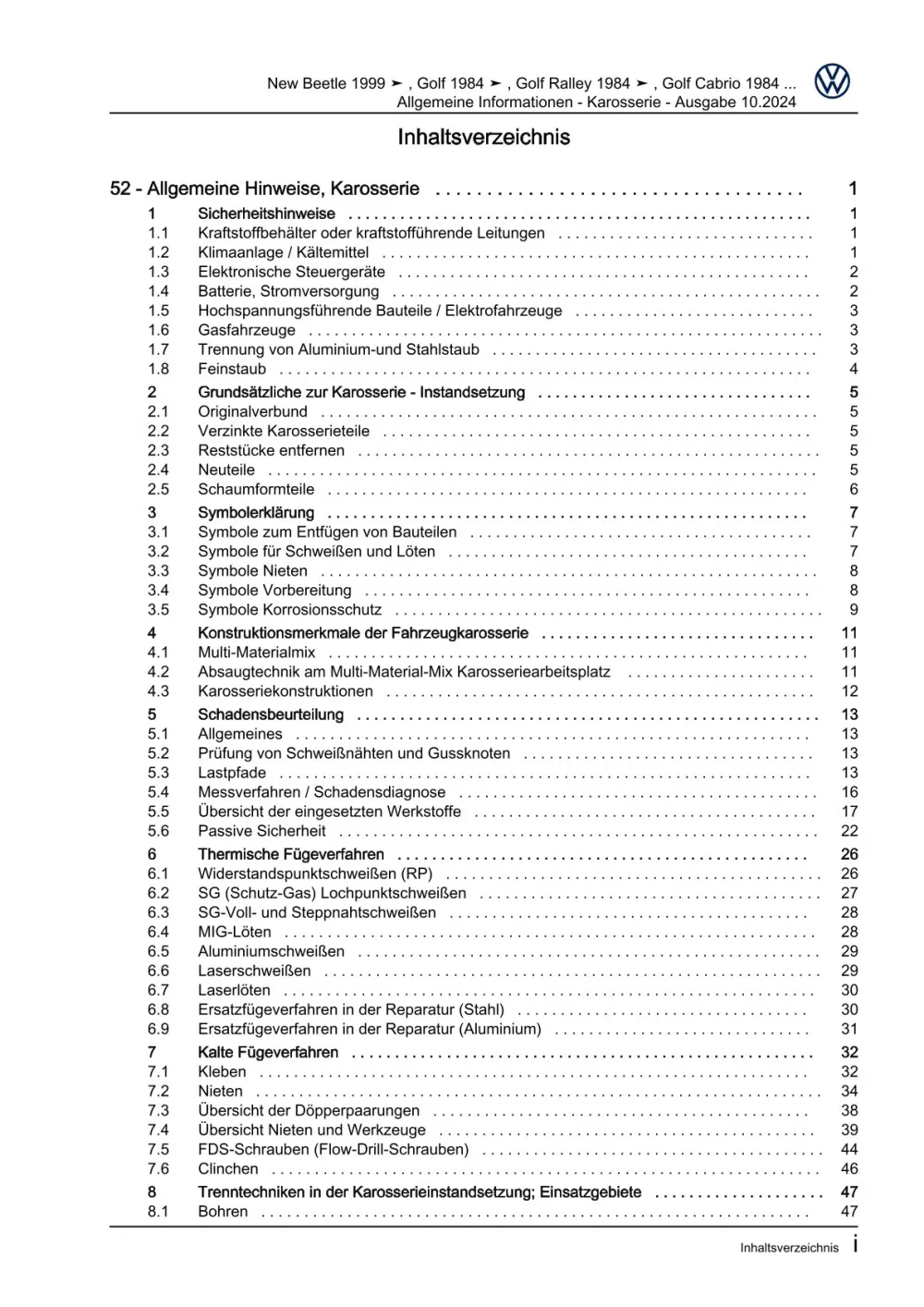 VW Golf 4 1J 1997-2003 Allgemeine Informationen Karosserie Reparaturanleitung