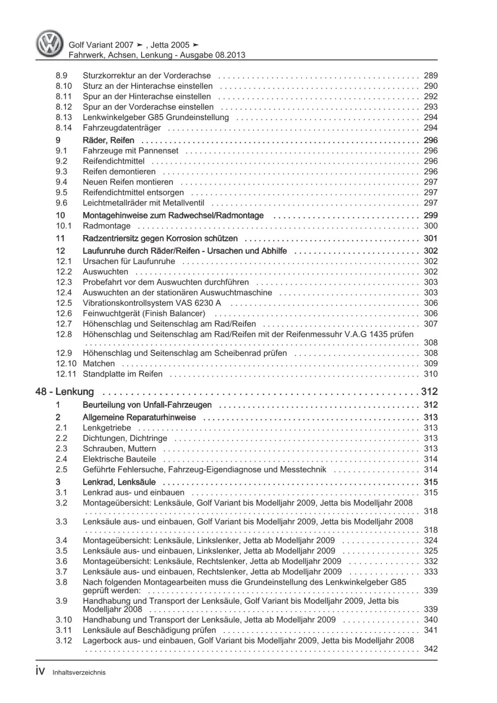 VW Golf 5 Variant Typ 1K5 2007-2009 Fahrwerk Achsen Lenkung Reparaturanleitung
