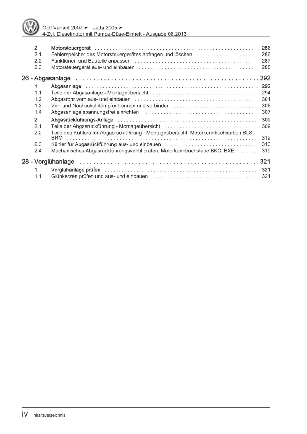 VW Golf 5 Variant 1K5 2007-2009 Dieselmotor 1,9l 103-105 PS Reparaturanleitung